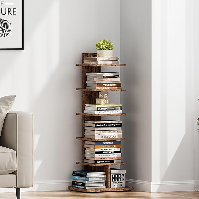 TUTOTAK Narrow Bookshelf, 6-Tier Bookcase, Spine Book Shelf