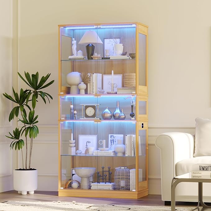 Display Cabinet with Glass Doors & LED Lights, 5 Tier Lighted Display Case