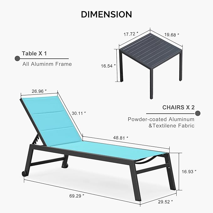 PURPLE LEAF Extra Large Outdoor Chaise Lounge 2 Pieces Aluminum Patio Lounge