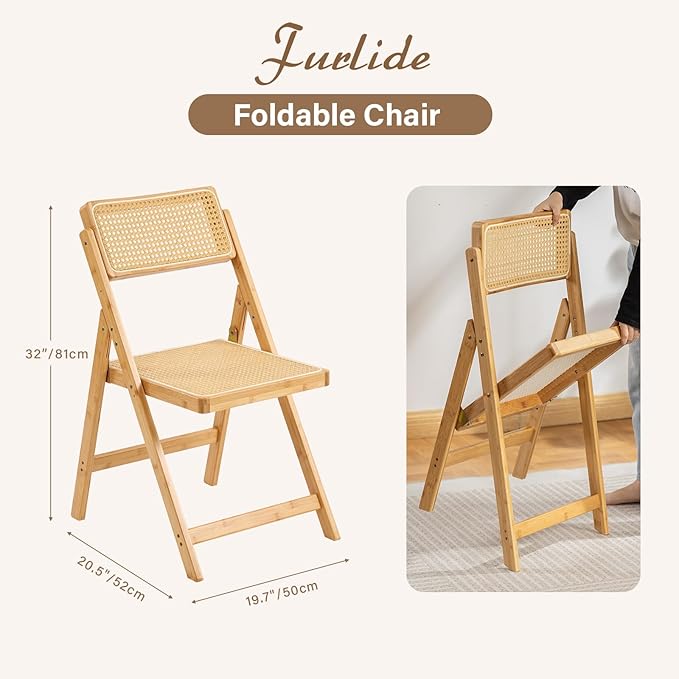 Furlide Rattan Folding Chairs, Modern Mid Century Dining Chairs Set of 2