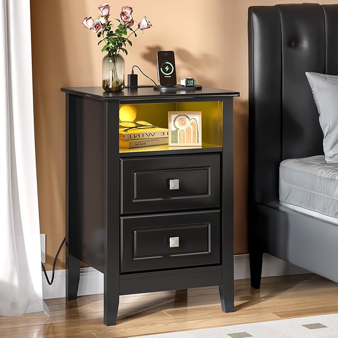 Bonnlo Led Nightstand with Charging Station, Night Stand Black Bedside Table