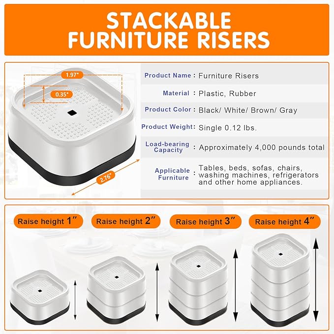 shouwuhho 8 Pack Furniture Risers Adjustable Bed Risers Heavy Duty Lifts Height