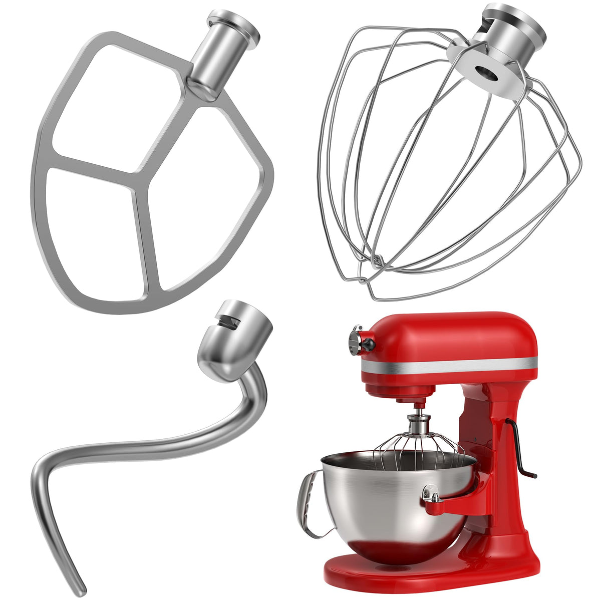 Stainless Steel Accessories 3 Piece Kit for KitchenAid 5.5 and 6 Quart Lift-Up Stand Mixers, Includes 5.5-6QT Flat Beater, Dough Hook, KN256WW 6-Wire Whisk for Kitchen Aid Attachments & 6 Qt Bowl