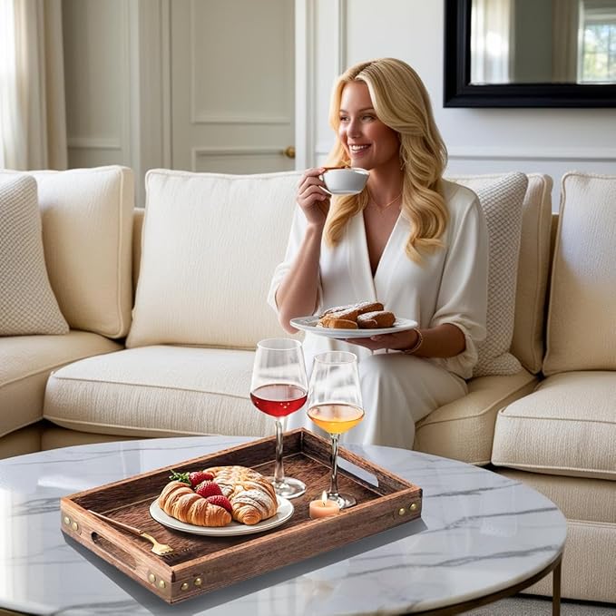 Serving Tray with Handles, 15.8"x 11" Wood Decorative Tray
