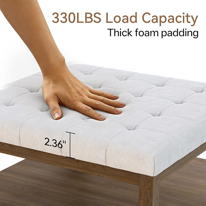 ABHENG 31.5” Large Square Storage Ottoman, Upholstery Solid Rubberwood Coffee