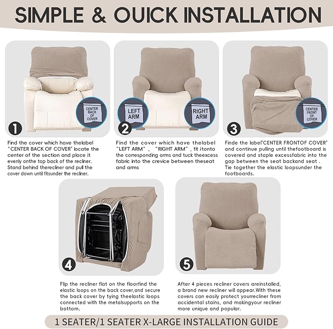 Oversized Recliner Chair Covers, 4-Piece Stretch Geometric Strokes Jacquard