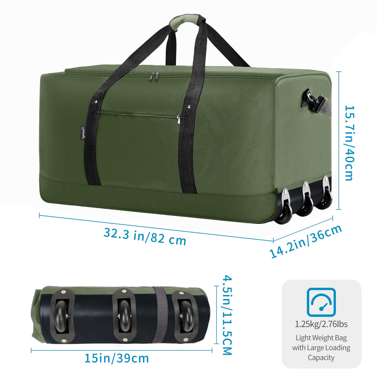 Finnhomy 120L Foldable Rolling Duffel Bag with 3 Wheels, Light Weight Travel Duffel bag with Large Loading Capacity, 32 inch Rolling Duffel bag with Shoulder Strap for Travel Camping Sports, Green
