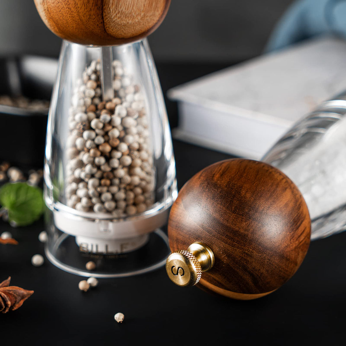 Wood Salt and Pepper Grinders Refillable Set of 2 - Refillable Acrylic Salt Shaker or Pepper Shaker Two 5 oz Salt - Pepper Mill or Salt Mill - Spice Grinder - Easy Clean Ceramic Grinders
