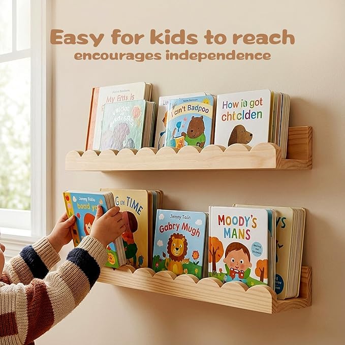 Nursery Floating Shelves for Kids Room, 4 Pack 15.7 Inch Natural Wood Wall