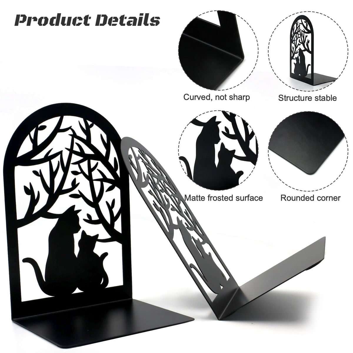 Book Ends, Bookends, Metal Bookend, Cat Decorative Bookends, Bookends for Shelves, Home Decorative Bookends for Heavy Books, Black Non-Skid Book Stopper, 7 x 4.7 x 4 inch (2 Pair)