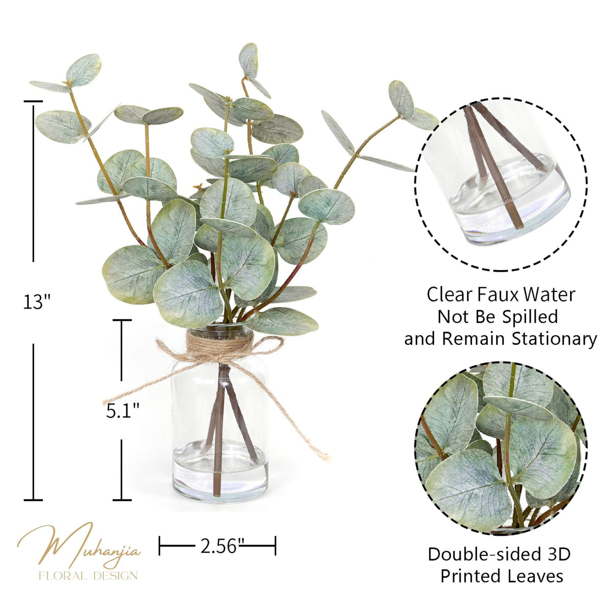 Muhanjia Artificial Eucalyptus Stems in Glass Vase with Faux Water,3Pcs Fake Plant with Double-Sided Green Leaves for Centerpiece(Double-Sided Green Eucalyptus)