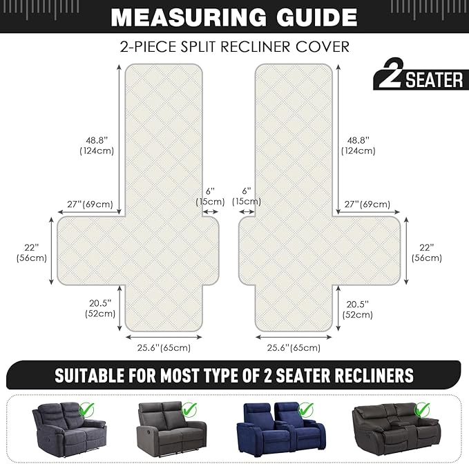 TAOCOCO 100% Waterproof Loveseat Recliner Cover, Non Slip Split Loveseat Covers