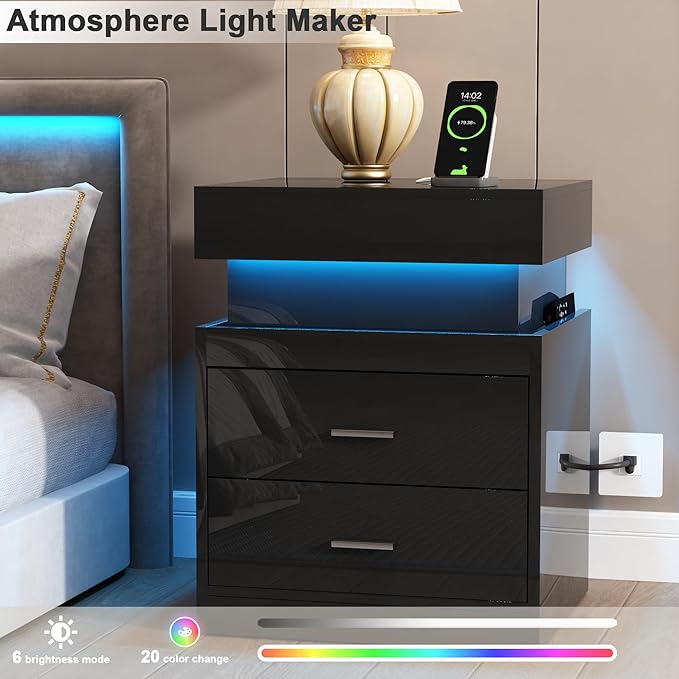 ChooChoo LED Nightstand Set of 2, Smart Night Standwith Charging Station and