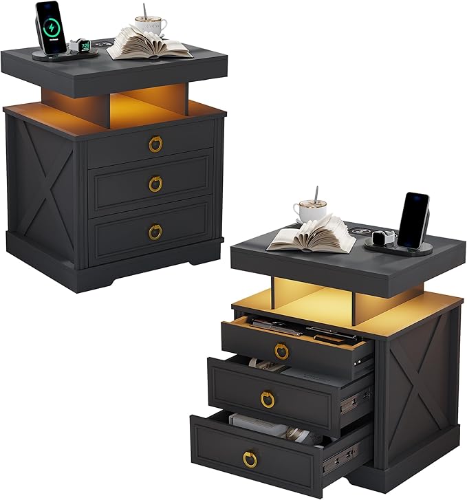 HNEBC Night Stand Set 2 with Gun Drawers, Farmhouse Nightstand with Charging