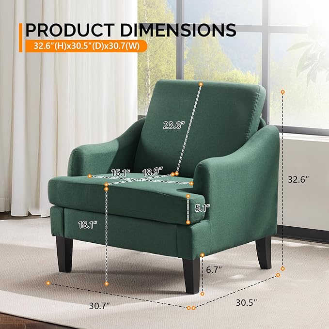 VINGLI Linen Fabric Accent Chair Green, Modern Upholstered Armchair, Comfy Sofa
