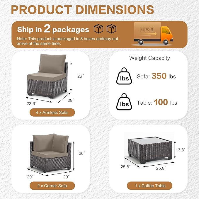 MOCHITO 7 Pieces Outdoor Patio Furniture Sets, All-Weather Sectional Sofa Dark
