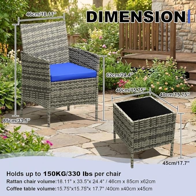 3 Piece Outdoor Patio Furniture Set, All-Weather PE Rattan Wicker Chairs