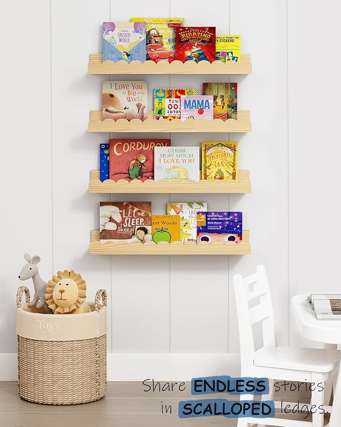 Harwaya Scalloped Nursery Bookshelf Wall Mounted 4-Pack, Natural Wood Floating