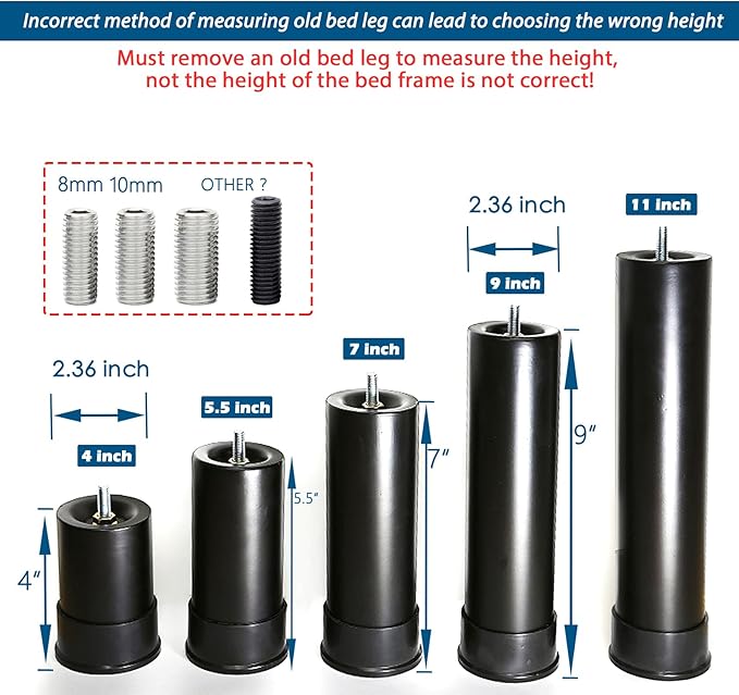 9 Inch Metal Adjustable Bed Base Frame Leg Replacement Heavy Duty Extra Height