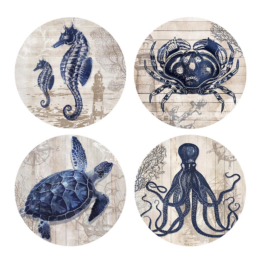 Absorbent Coasters Natural Ceramic Thirsty Stone Navy Blue Octopus Seahorse Crab Turtle Ocean Theme Coaster Set for Drinks Cork Backing (sea Animals)…