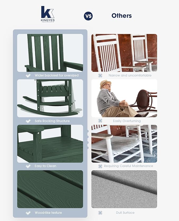 KINGYES Oversized Outdoor Rocking Chair, All-Weather Patio Rocking Chairs