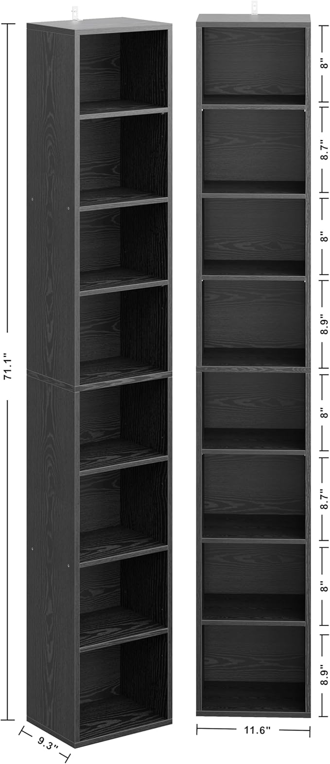 IRONCK Tall Narrow Bookshelf 8 Tiers 71in Set of 2, Compact Corner Bookcase