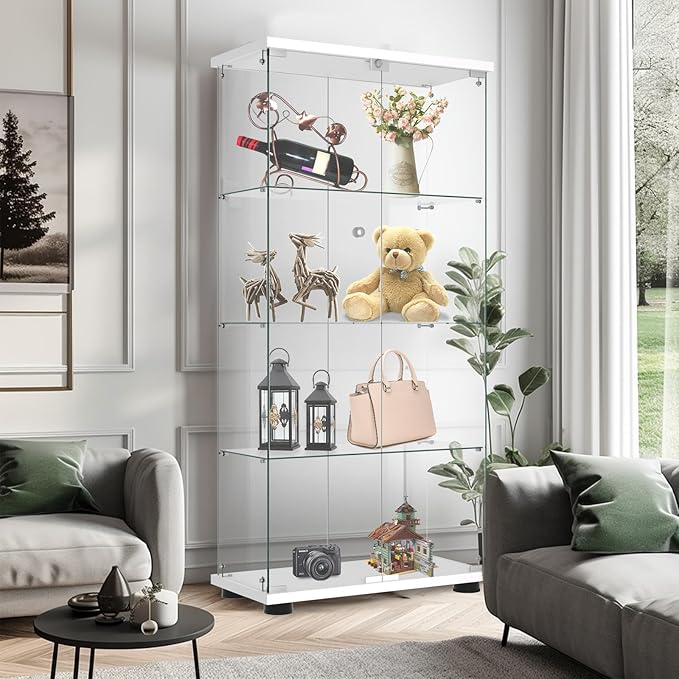 Display Cabinet with Glass Door and Lock, 4-Shelf Fast Installation in 30 Mins