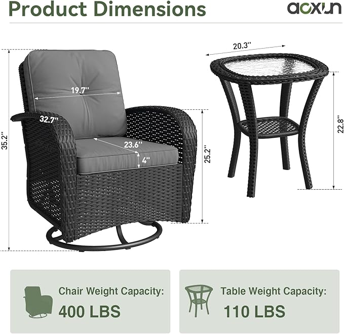 Aoxun 3 Pieces Patio Furniture Set, Patio Swivel Rocker Chairs Set of 2