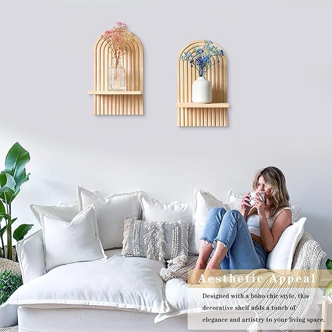 LIYAOLI Boho Wall Shelf Set of 2-15 x 8.6 Inch Arched Wooden Hanging Shelves
