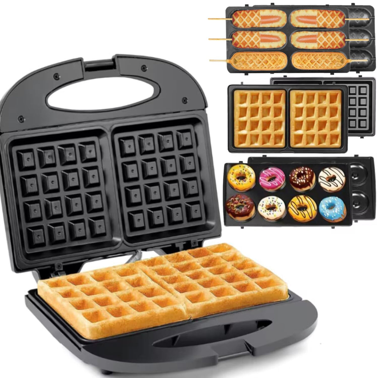 Waffle Maker,Donut,Hot Dog Machine Set,3-in-1 Multifunctional Breakfast Maker Machine with Iron Removable Plate Mold for Home,Kitchen,Cake,Paninis,Nut,Steaks,Grill,Lunch,Snacks or Dessert