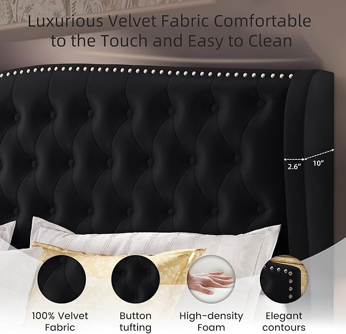 BRELTAM Upholstered King Size Bed Frame Velvet Black Tufted Platform Bed Frame