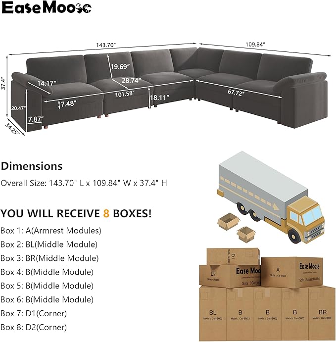 EASE MOOSE Oversized Sectional Modular Sofa, Large L Shape Sectional Couch Wide