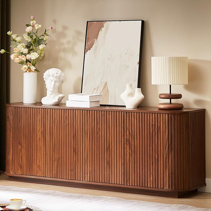 Fluted TV Stand for TVs Up to 75 Inch, Walnut Mid Century Modern TV Console for