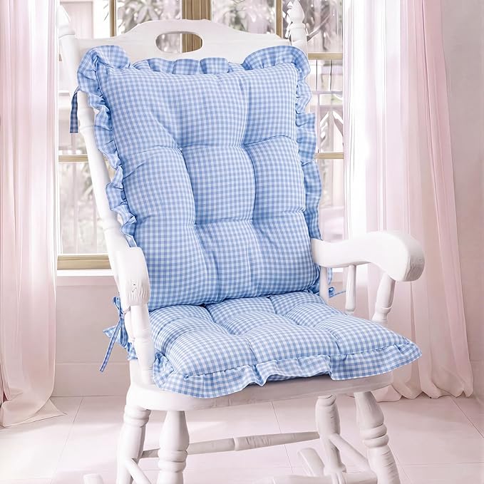 Lewtemi 2 Set Blue Gingham Rocking Chair Cushion Village Ruffled Rocking Chair
