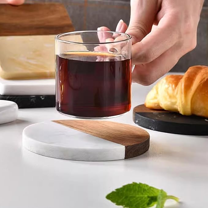 I-LAN 4-Pack Marble and Acacia Wood Coasters, 4-Inch Round Natural Wood Drink