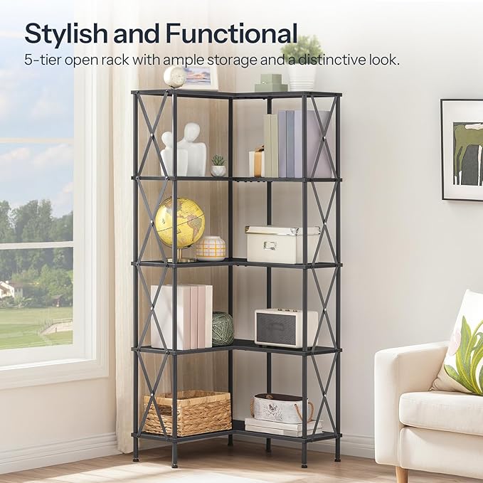 HOOBRO Corner Bookshelf, 5-Tier L-Shaped Bookcase, Industrial Open Display