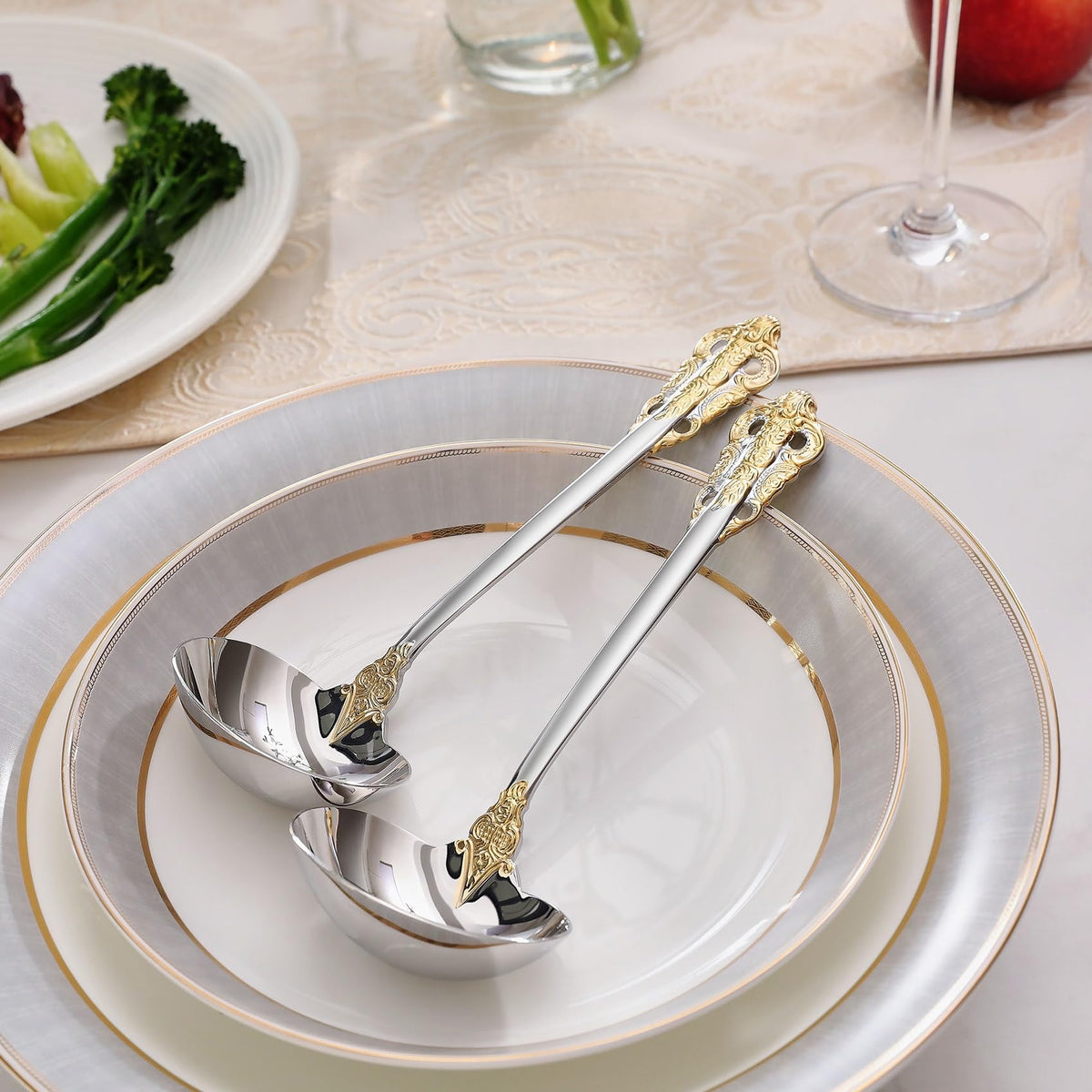 KEAWELL Premium 7.5 inch Luxury Gravy Ladle, 18/10 Stainless Steel, Small Gravy Spoon for Home. Solid and Sturdy, Dishwasher Safe. (2, Gold Accent)