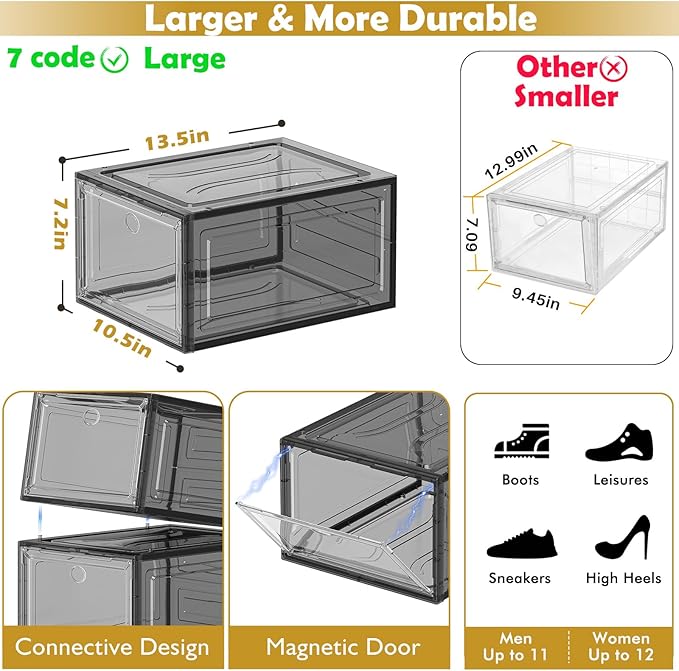 7 code Large Clear Shoe Boxes Organizer【Thicker Material】 Stronger Shoe Box