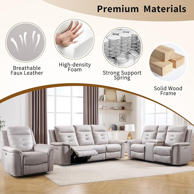 ANJ 3-Piece Faux Leather Power Recliner Sofa Set