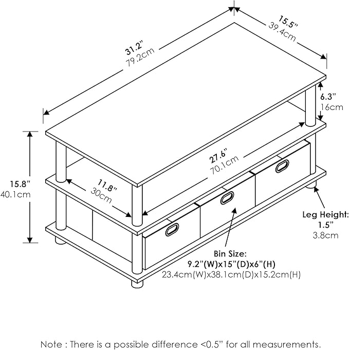 FURINNO Turn-N-Tube Coffee Table, 31.22D x 15.5W x 15.8H in