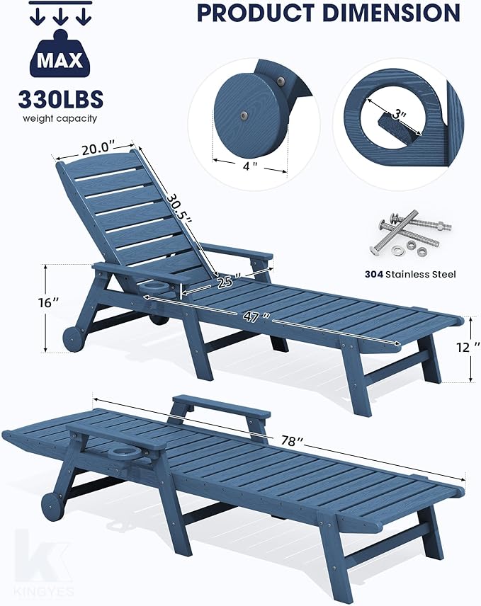 KINGYES HDPE Lounge Chair Outdoor Set of 2, Patio Chaise Lounge Recliner