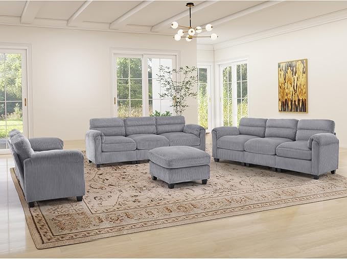HAOMARKETS Corduroy Sofa Set, Upholstered Ottoman, Modern Loveseat and and
