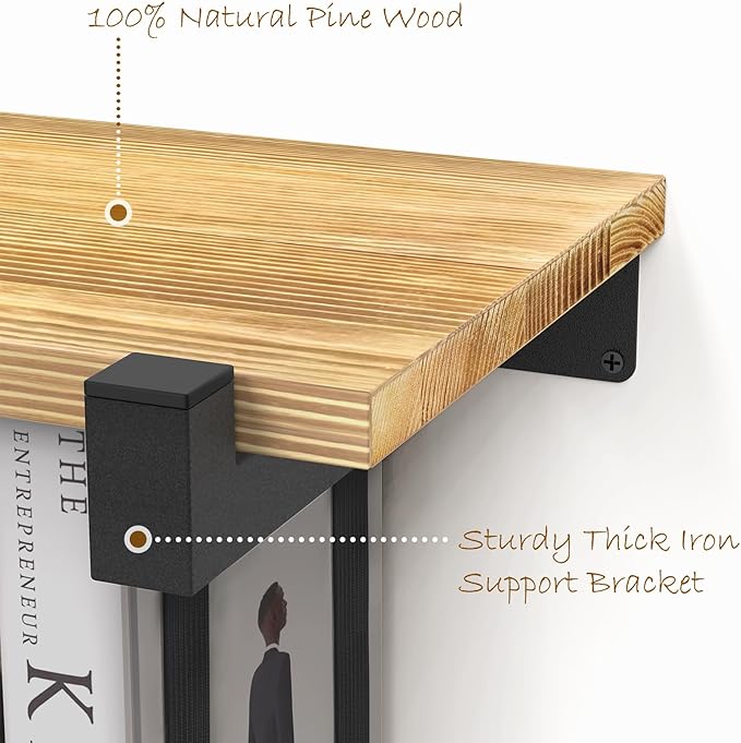 NANATI 2 Set of Floating Bookshelf, Pine Wood Invisible Bookshelf, Hanging