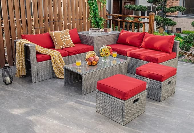 Tangkula 8 Piece Patio Wicker Furniture Set, Patiojoy Space Saving Outdoor PE