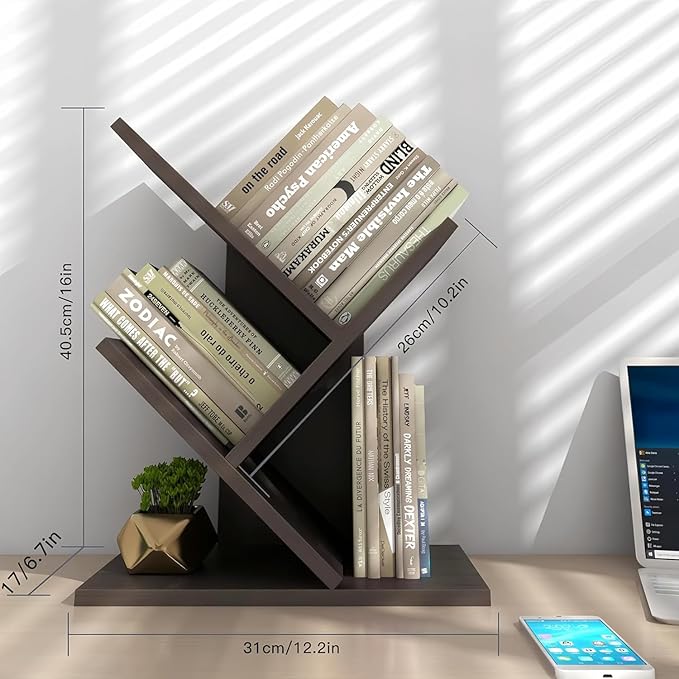 Godferyxin Tree Bookshelf, 3-Tier Wood Small Bookshelf and Mini Bookcase