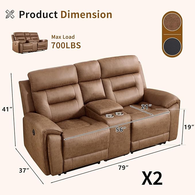 ANJ Oversized Power Reclining Loveseat Sofa Set of 2