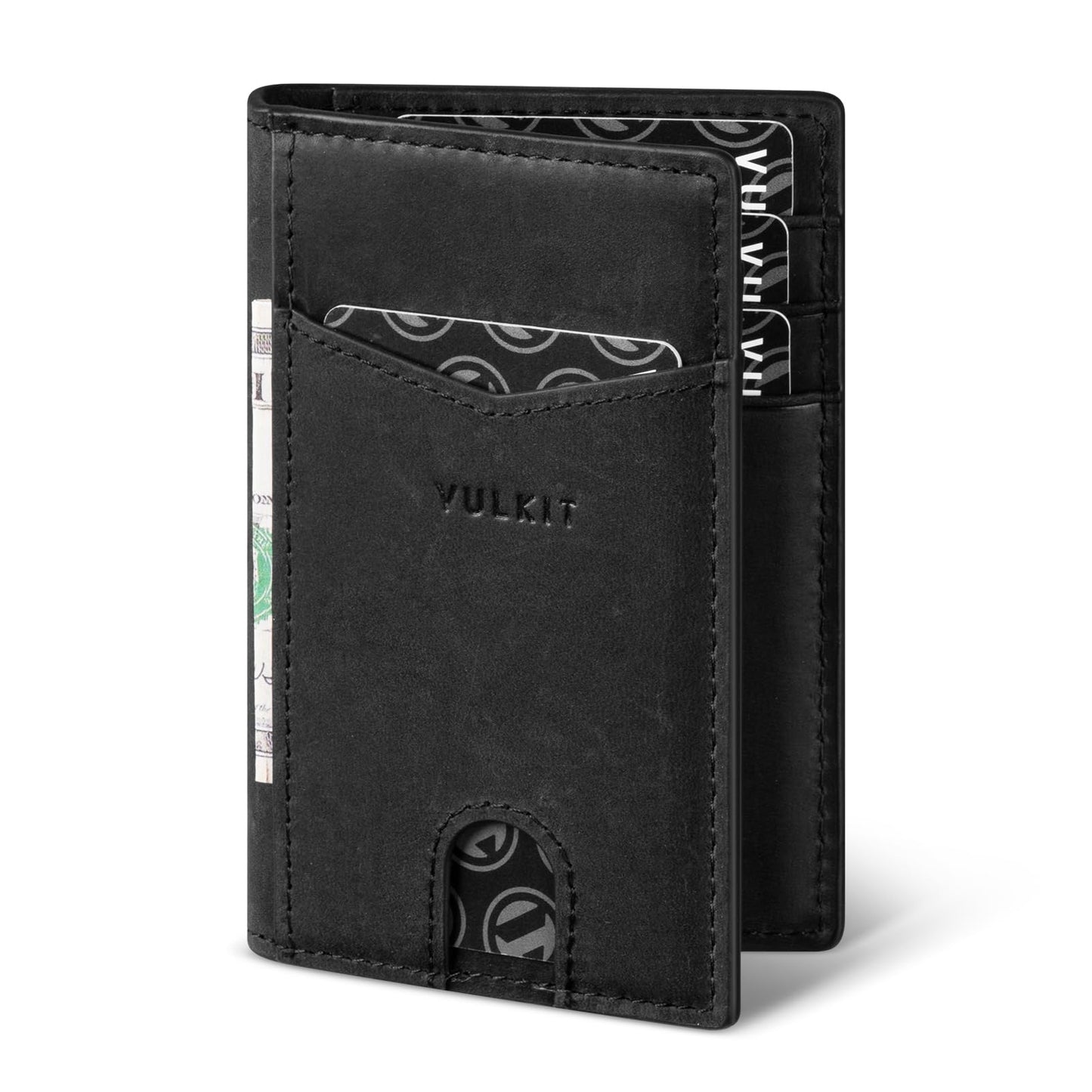 VULKIT Bifold Front Pocket Slim Wallet RFID Blocking Minimalist Thin Leather Credit Card Holder Wallet for Men and Women Genuine Leather Black