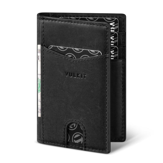 VULKIT Bifold Front Pocket Slim Wallet RFID Blocking Minimalist Thin Leather Credit Card Holder Wallet for Men and Women Genuine Leather Black