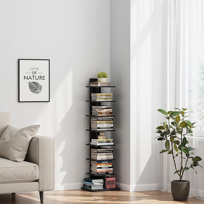 TUTOTAK Narrow Bookshelf, 8-Tier Bookcase, Spine Book Shelf