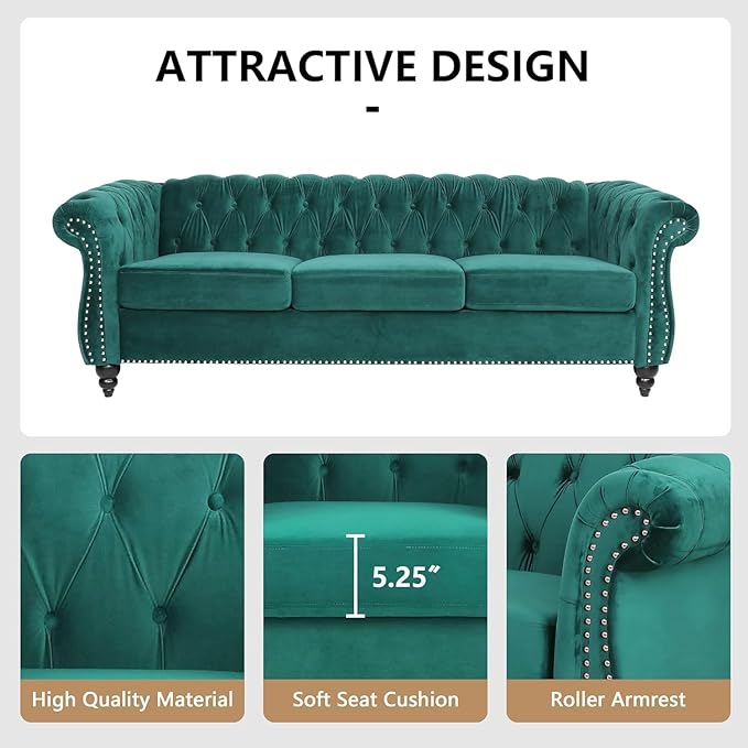Mid-Century 3 Seater Sofa, Velvet Couch